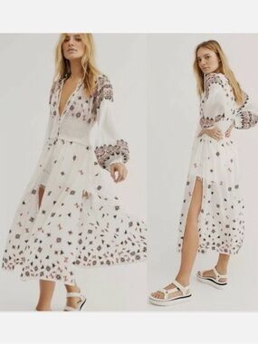 NWT FREE PEOPLE XS MYKONOS EMBROIDERED SMOCKED V-NECK SLIT BOHO TUNIC MAXI DRESS
